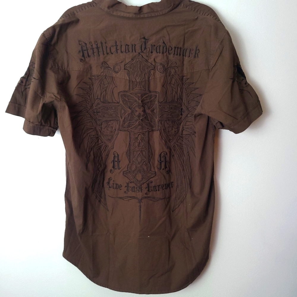 Y2K Affliction Brown Premium Sleeve Patch/Embroidered Back Button Down - XL